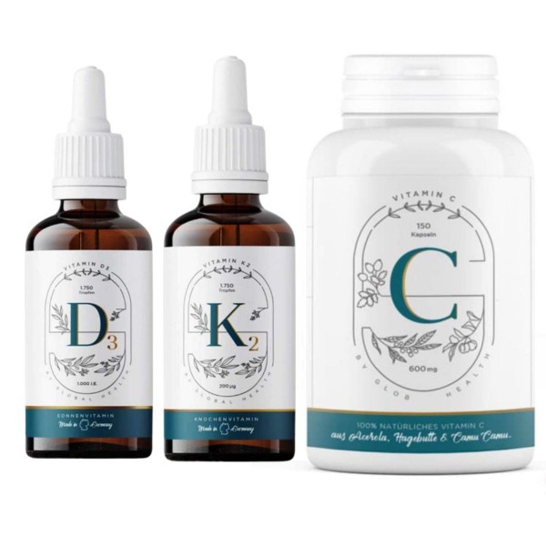Vitamin Mix Paket aus D3 dem Sonnenvitamin, Vitamin K2 mk7 das Knochenvitamin und natürliches Vitamin C